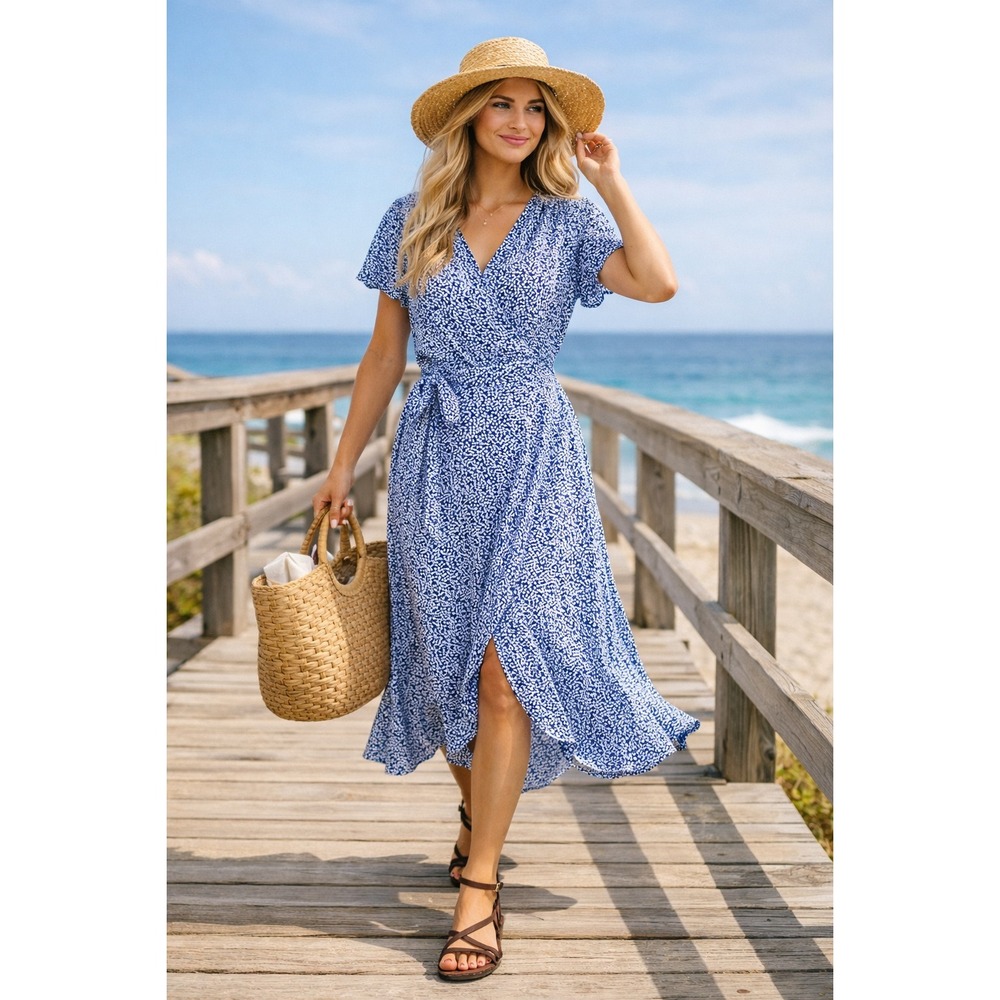 Aakaa Wrap Midi Dress Blue & White Ditzy Floral Cap Sleeve Summer Cottagecore SM